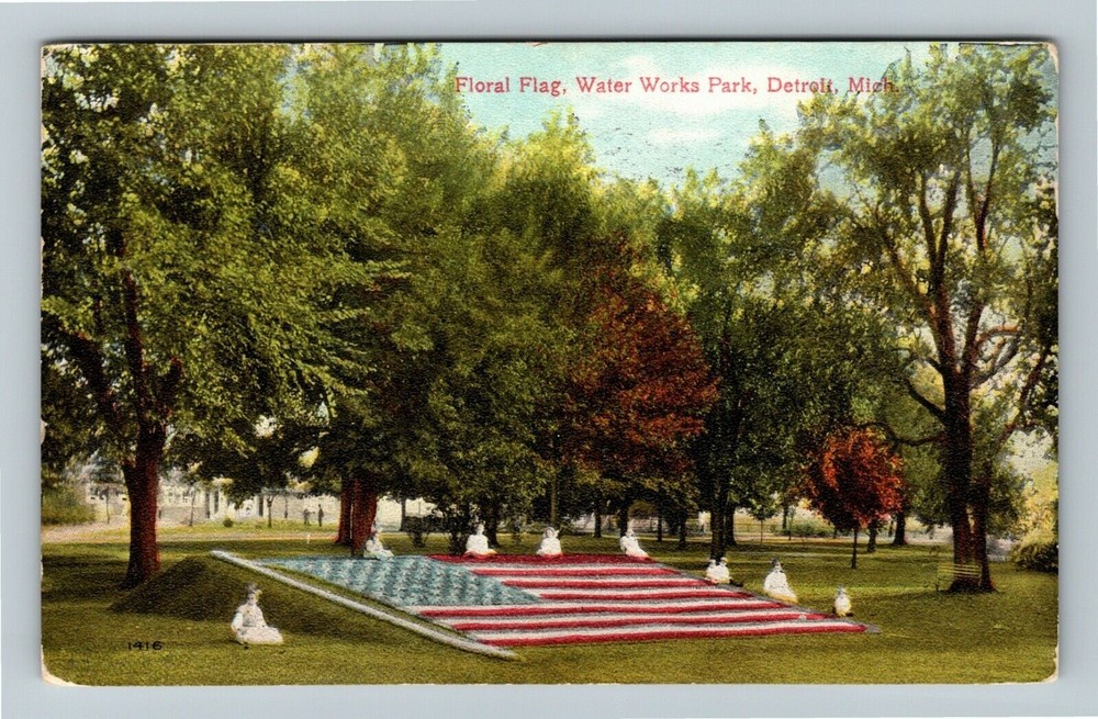 Detroit MI-Michigan Floral Flag, Water Works Park c1910 Vintage Postcard