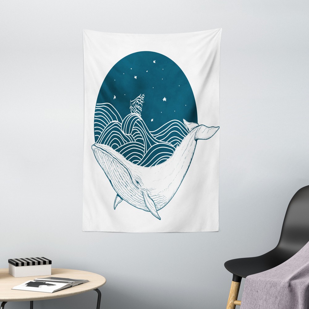 Ocean Tapestry Whale and Stars Old Ship Print Wall Hanging Decor