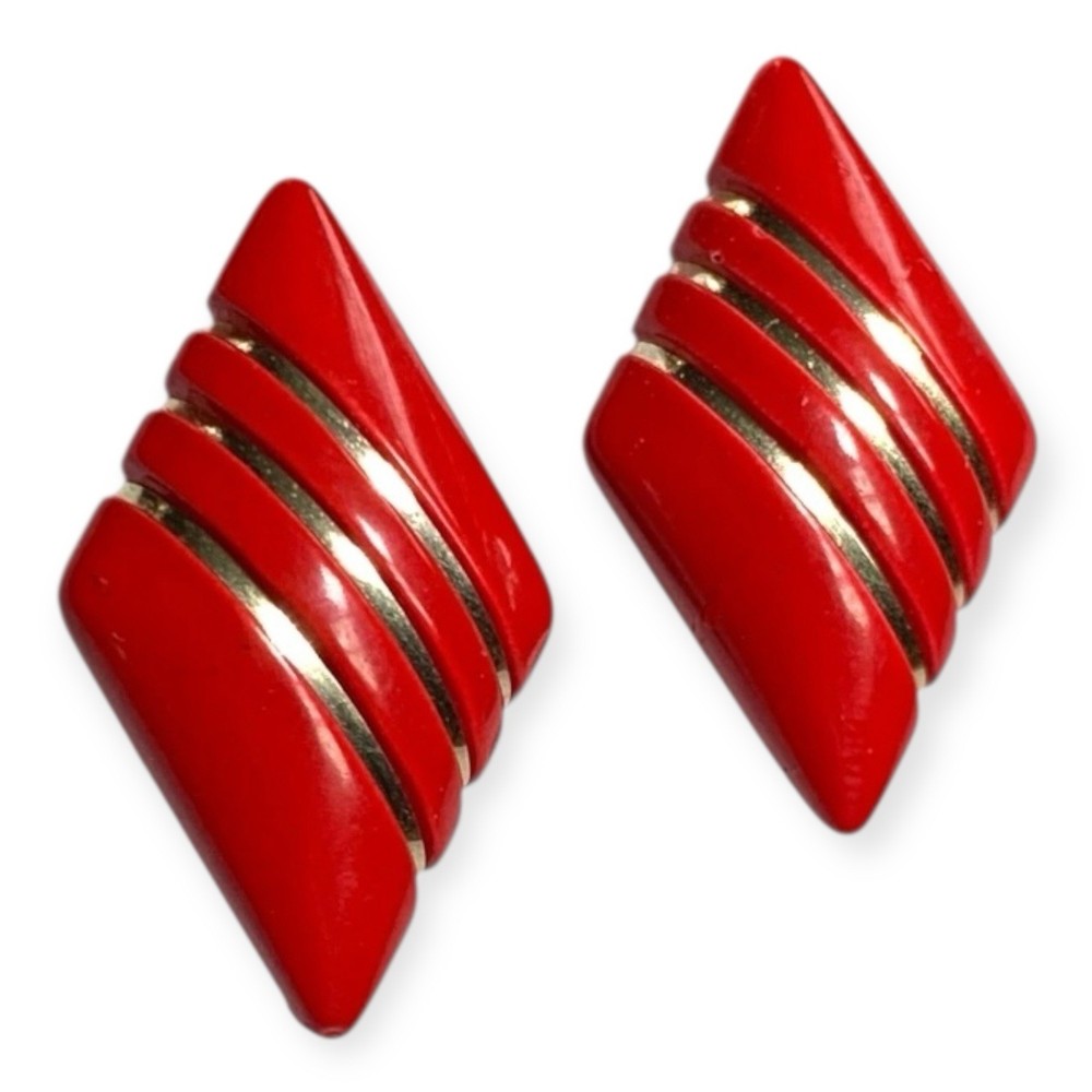 Vintage 80s Red Enamel Gold Tone Striped Geometric Post Earrings Retro Art Deco