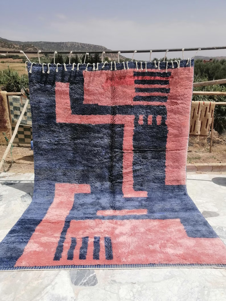 Handmade Color Pink & Blue Moroccan Berber Wool Rug Design Luxury Carpet Rug