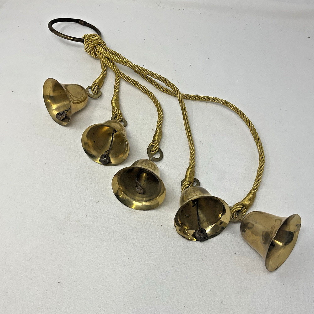 5 Brass Bells Door Knocker Vintage Hanging Gold Rope 22