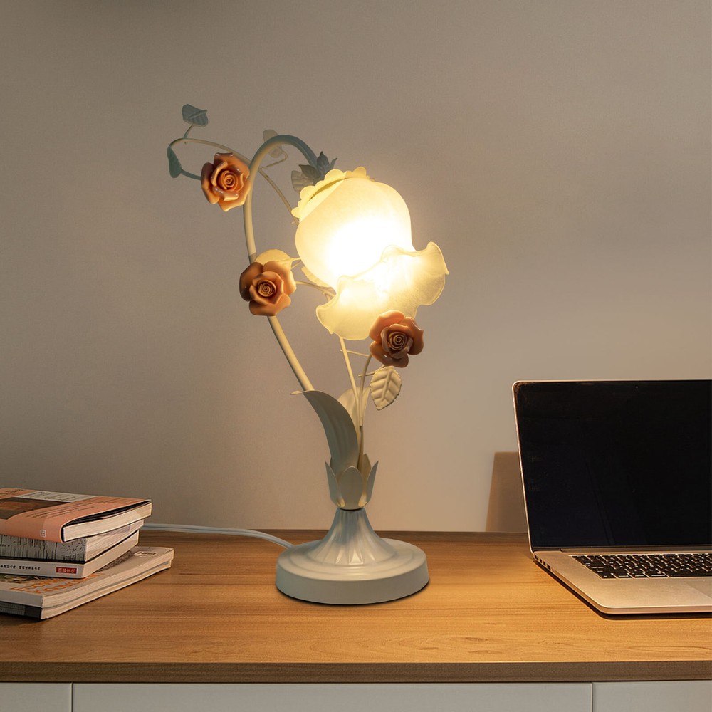 Pink Roses Flower Table Lamp Bedside Lamp Floral Glass Desk Lamp LED E26 US