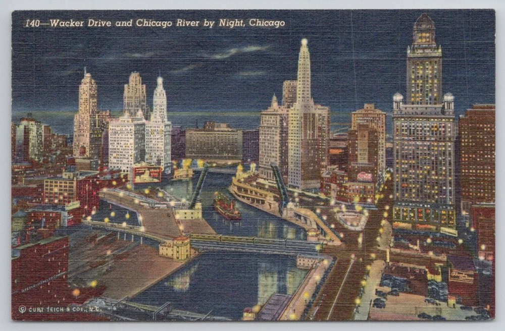 Wacker Drive Chicago River Night Linen Postcard 1930s Curt Teich