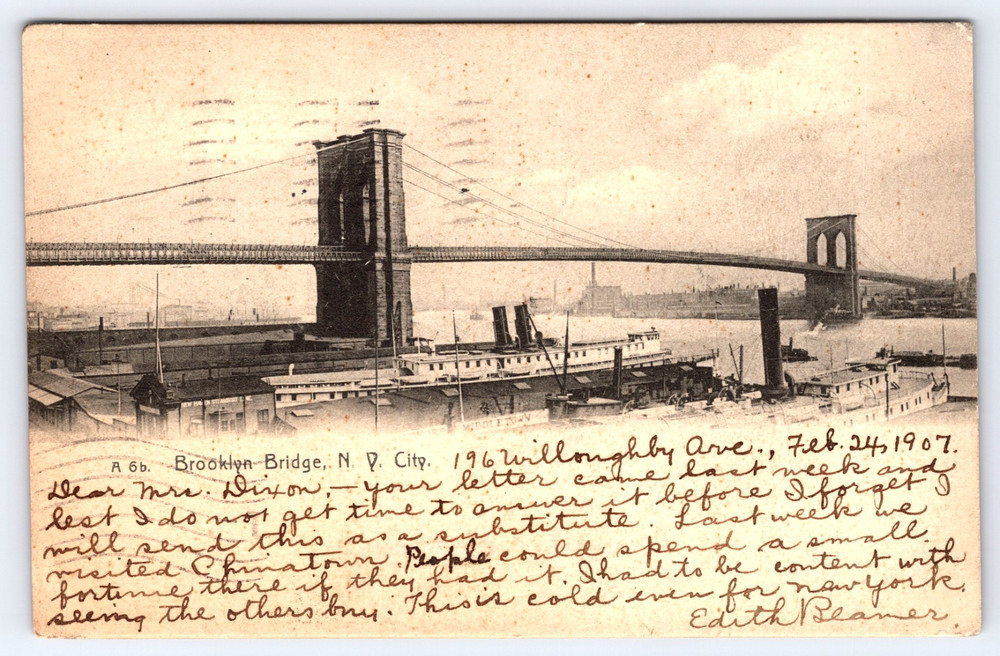 New York City New York NY Brooklyn Bridge Steamer Boats Antique Vintage Postcard