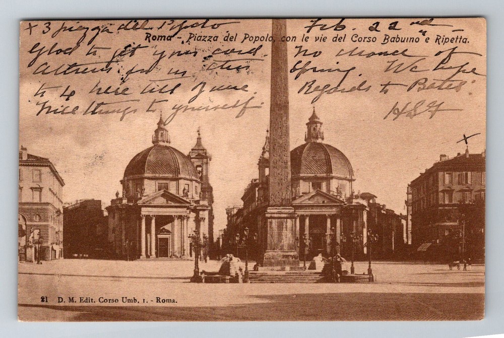 Italy- Rome Plaza Of The People Twin Churches Old Post Vintage c1920's Postcard