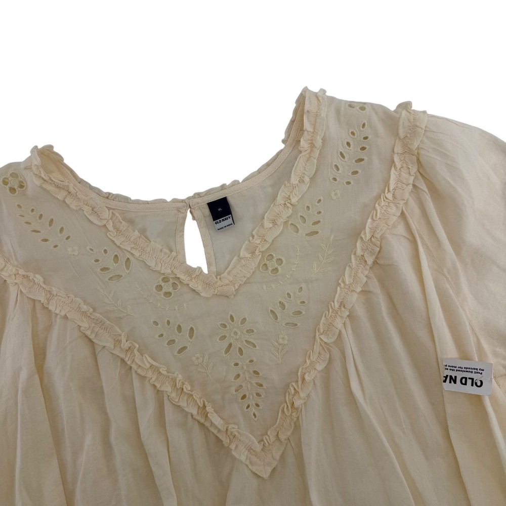 Old Navy Womens XL Cream Eyelet Ruffle Peasant Blouse Boho Puff Sleeve Top NEW