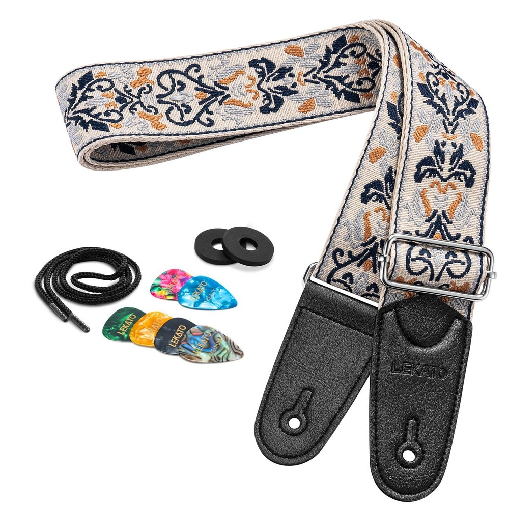 Guitar Strap for Bass Acoustic Guitar, Floral Jacquard Embroidery 2″ Wide Gui...