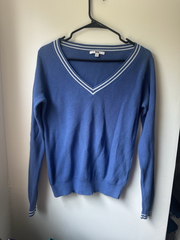 Uniqlo Women's Blue And White Pullover Sweater Cotton Cashmere Size S
