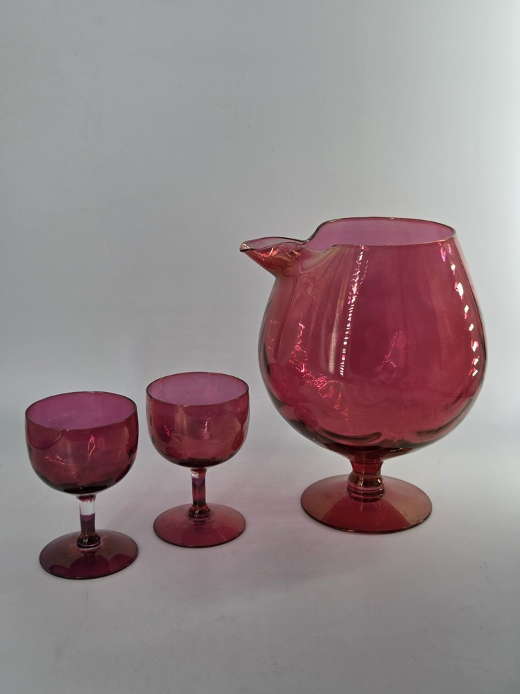 Vintage Barware Ruby Red Flashed Glass Cocktail Pitcher Pair Of 3 oz Glasses