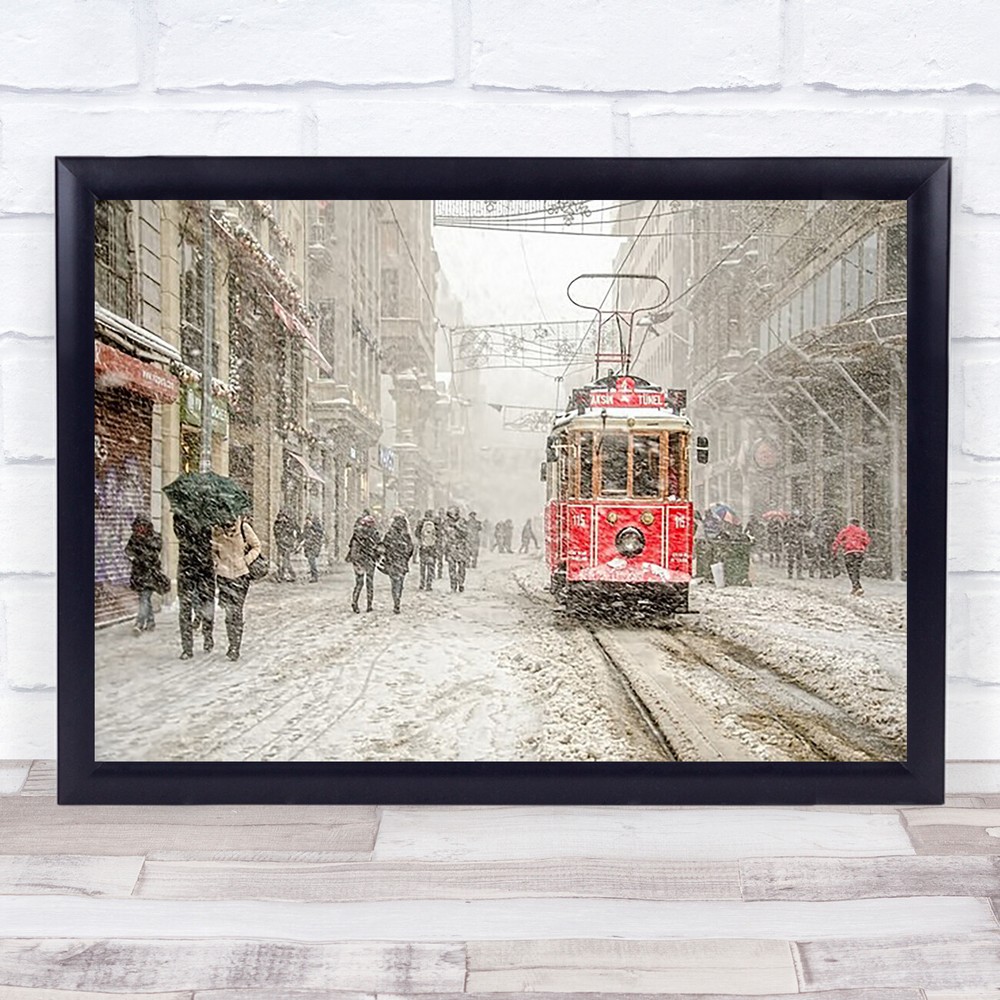 Train Transportation Veichle Weather Street Snowstorm Umbrella Wall Art Print