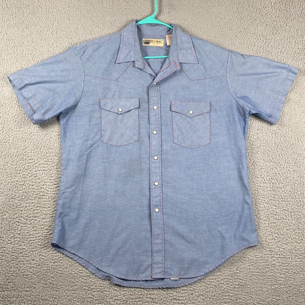 VTG Big Mac Pearl Snap Short Sleeve Shirt Men's XL Blue Workwear Western