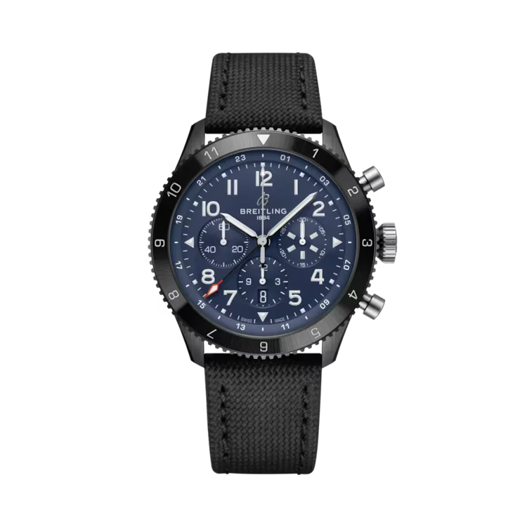 Breitling B04 Chronograph GMT Blue Dial Black Strap 46mm Ref SB04452A1C1X1