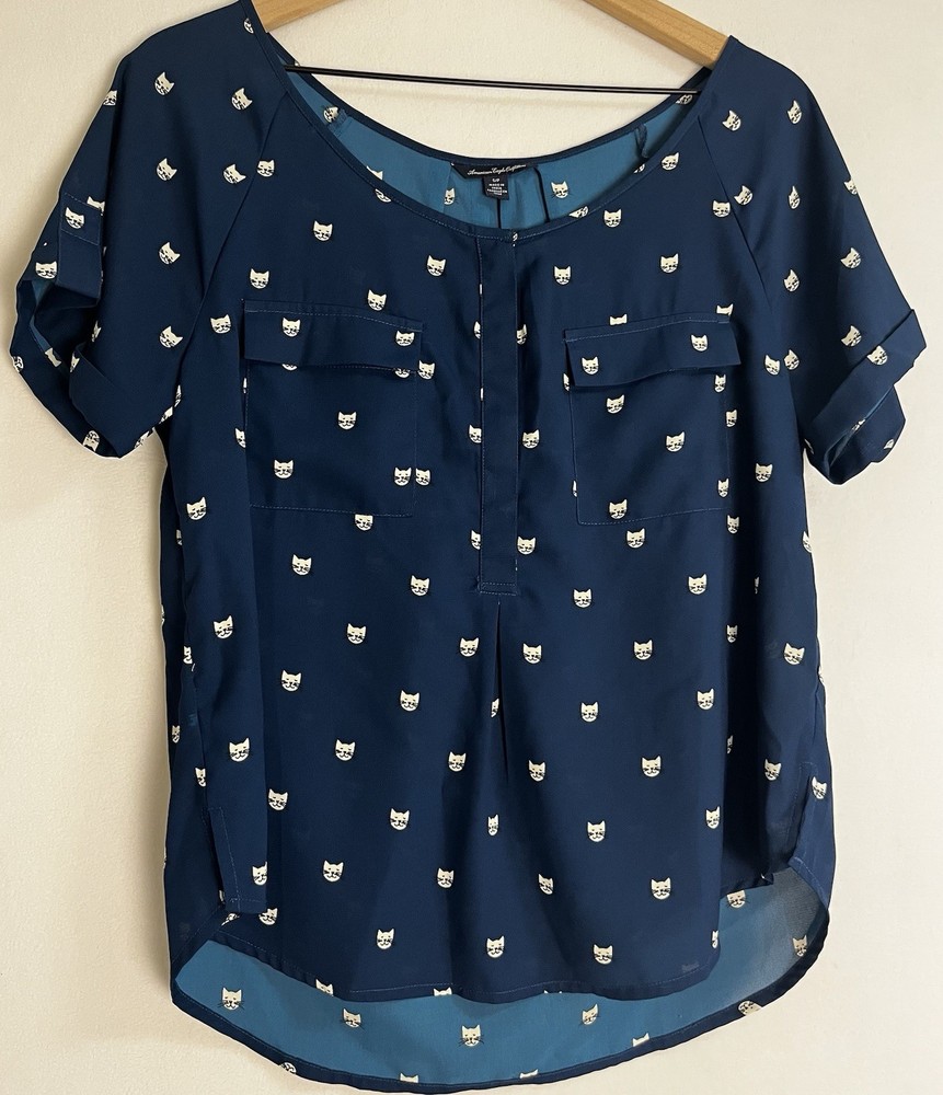 American Eagle Outfitters Cat Print Navy Blue Blouse Womens Short Sleeve Top S/P