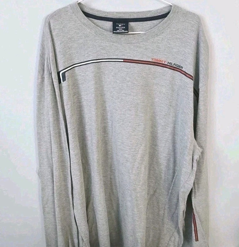 Tommy Hilfiger men's gray long sleeve simple red/blue lines w/logo t-shirt sz. L