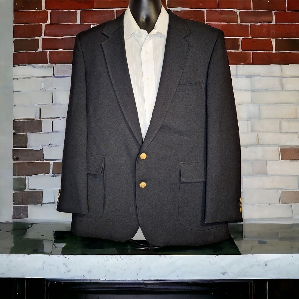 Vintage Sears Blazer Sport Coat Mens 46R Black Gold Button Half Lined