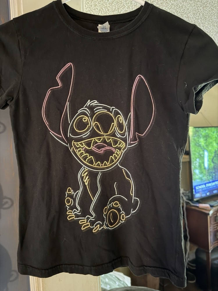 Disney Lilo & Stitch Stitch Girls Black Graphic Cotton Crew Neck Tee 10/12