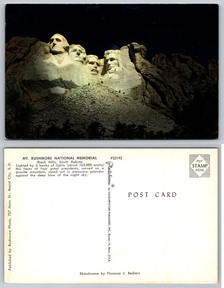 Vintage Mount Rushmore Night View Postcard South Dakota Plastichrome Illuminated