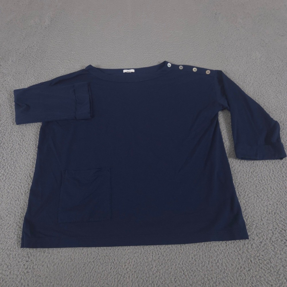 J.Jill Top Women L Navy Blue Pima Cotton Modal Button Shoulder Pocket 3/4 Sleeve