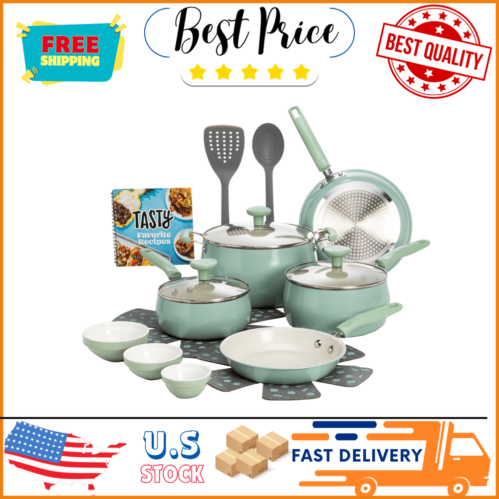 Tasty Clean Ceramic 16 Piece Non-Stick Aluminum Cookware Set, Sage Green