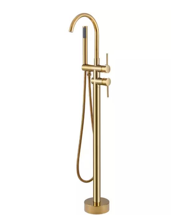 AKLFGN 1-Handle Freestanding Floor Mount Roman Tub Faucet w/Hand Shower in Gold