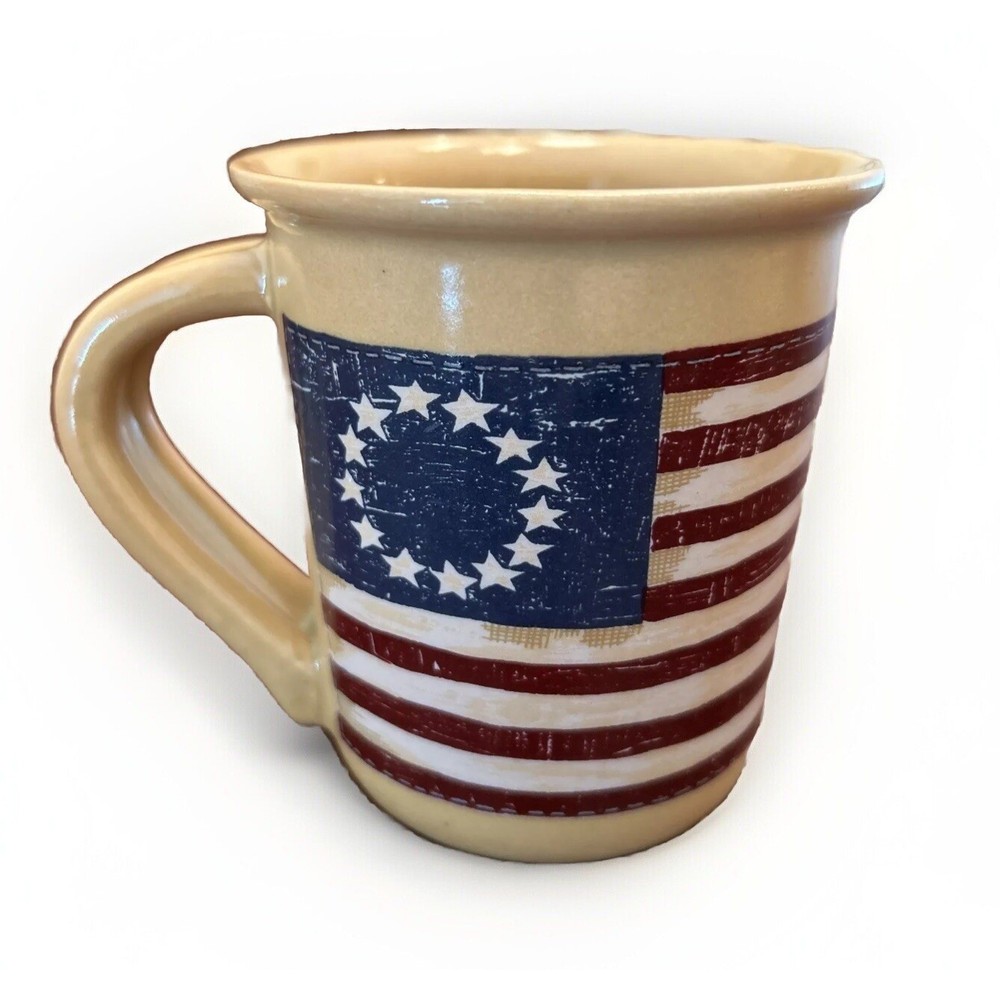 Russ Berrie American Flag Mug Tan Betsy Ross 13 Stars Americana USA 250