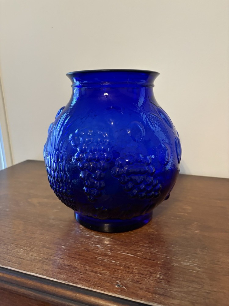 Vintage Cobalt Blue Glass 9” Cookie Jar, No Lid, Embossed Fruit Design