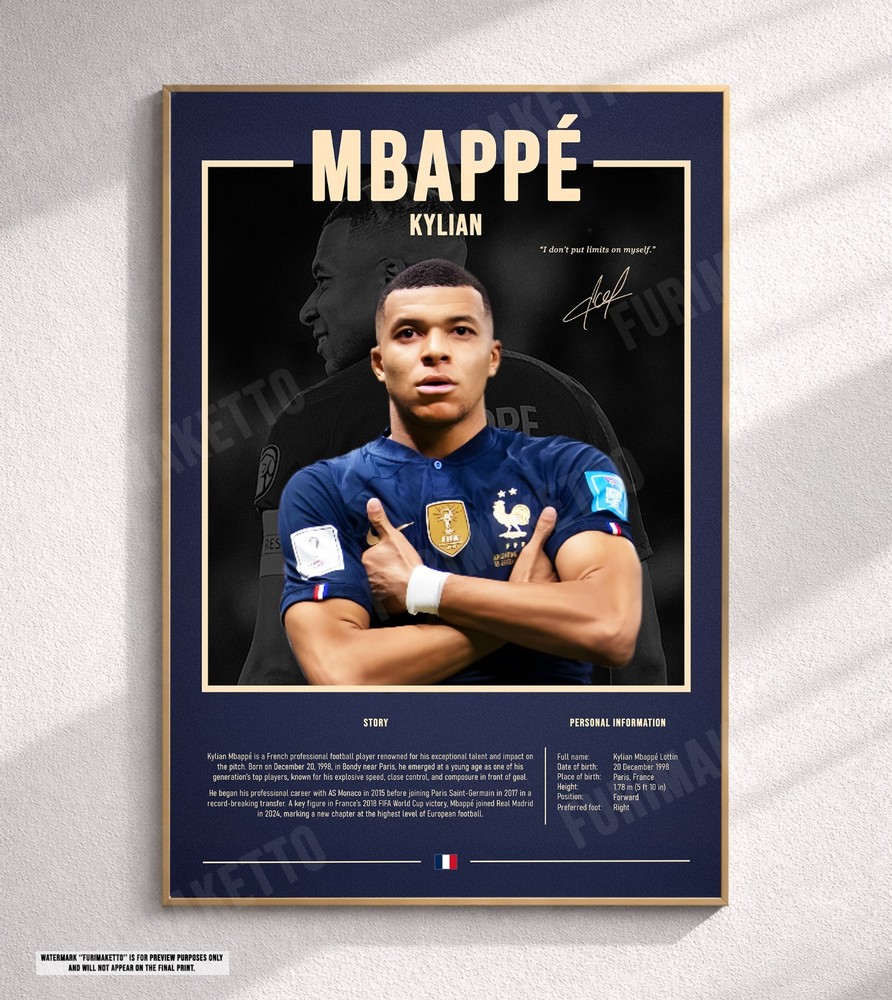 Mbappe Kylian - Canvas Print Poster Football Soccer Stats Bio Wall Art