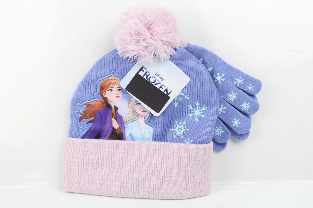 Disney Girls Frozen Winter Hat Beanie & Gloves Set Anna Elsa Patch Purple Pink
