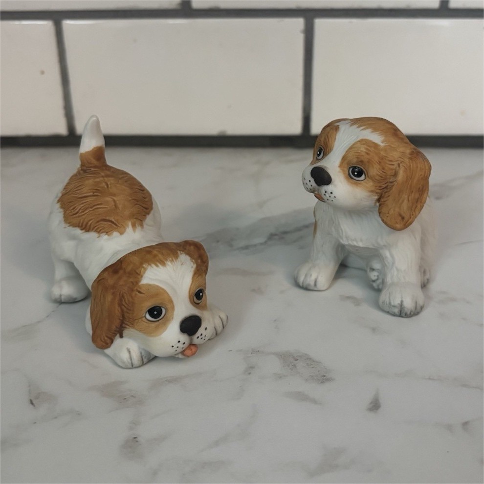 Vintage Painted Ceramic Puppy Dog Figurines, White & Brown, Set of 2