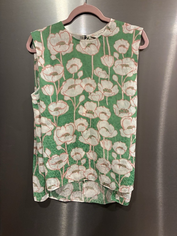 Ted Baker London Women’s Green Floral Chiffon Sleeveless Round Neck Blouse 4