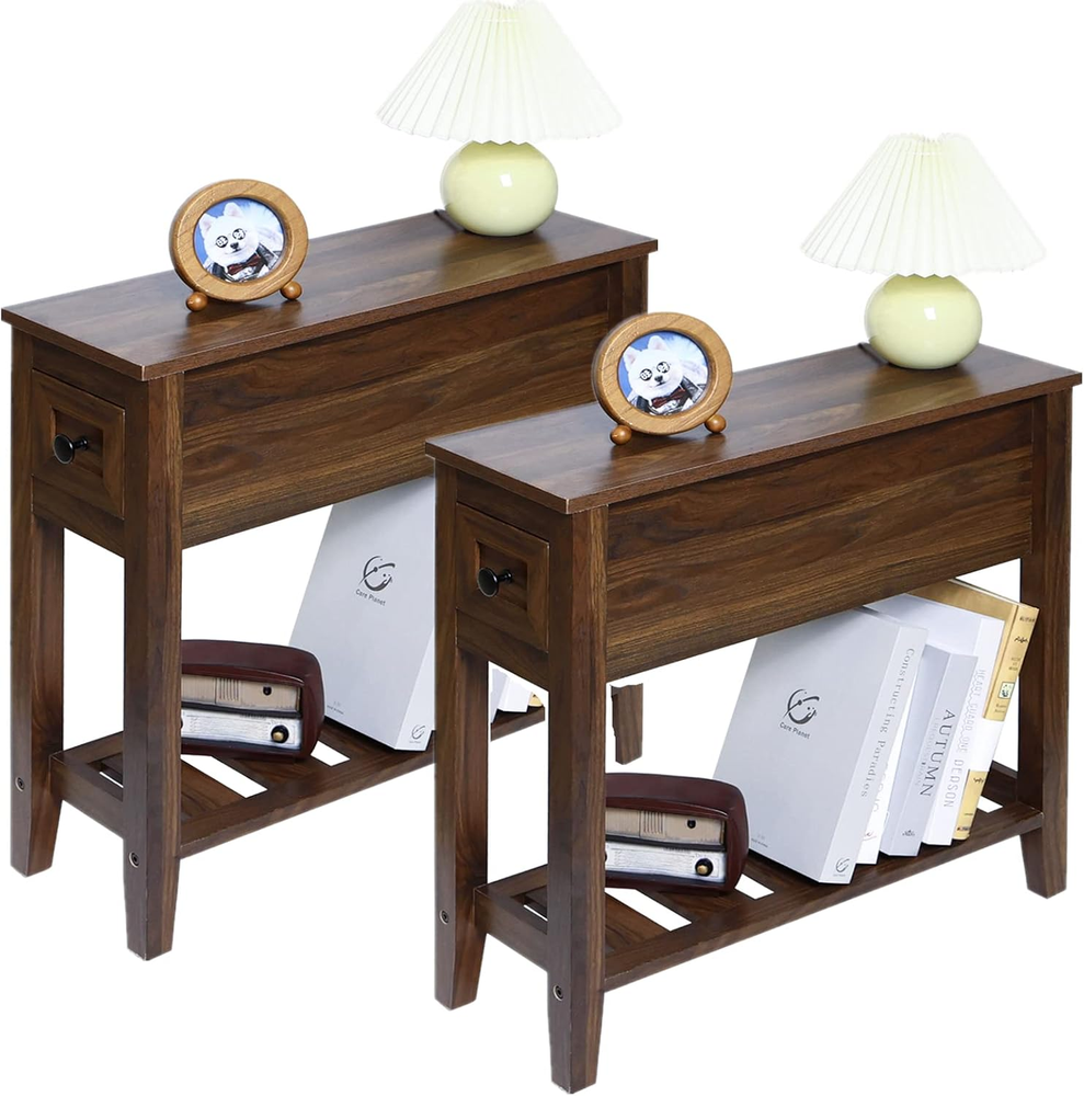 2 Pack Chairside Narrow End Table with Drawer, Solid Recliner Side Table with St