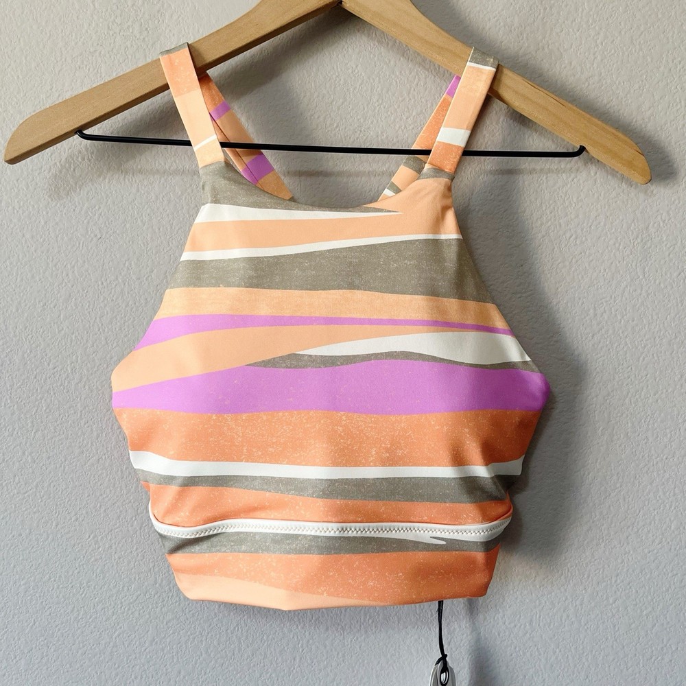 PrAna NWT Marine Street High Neck Swim Bikini Top Orange Stripe Size Medium