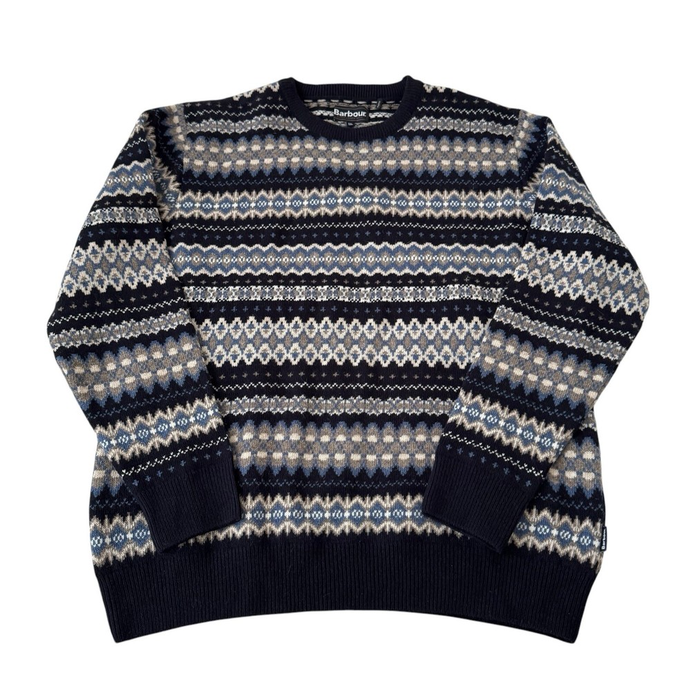 Barbour Sweater Men's XXL 100% Wool Crewneck Blue Fair Isle Long Sleeve Knit