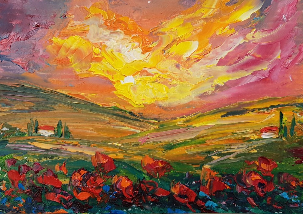 Tuscany Landscape Oil Painting Miniature 5x7 Impressionist Poppy Field Art  