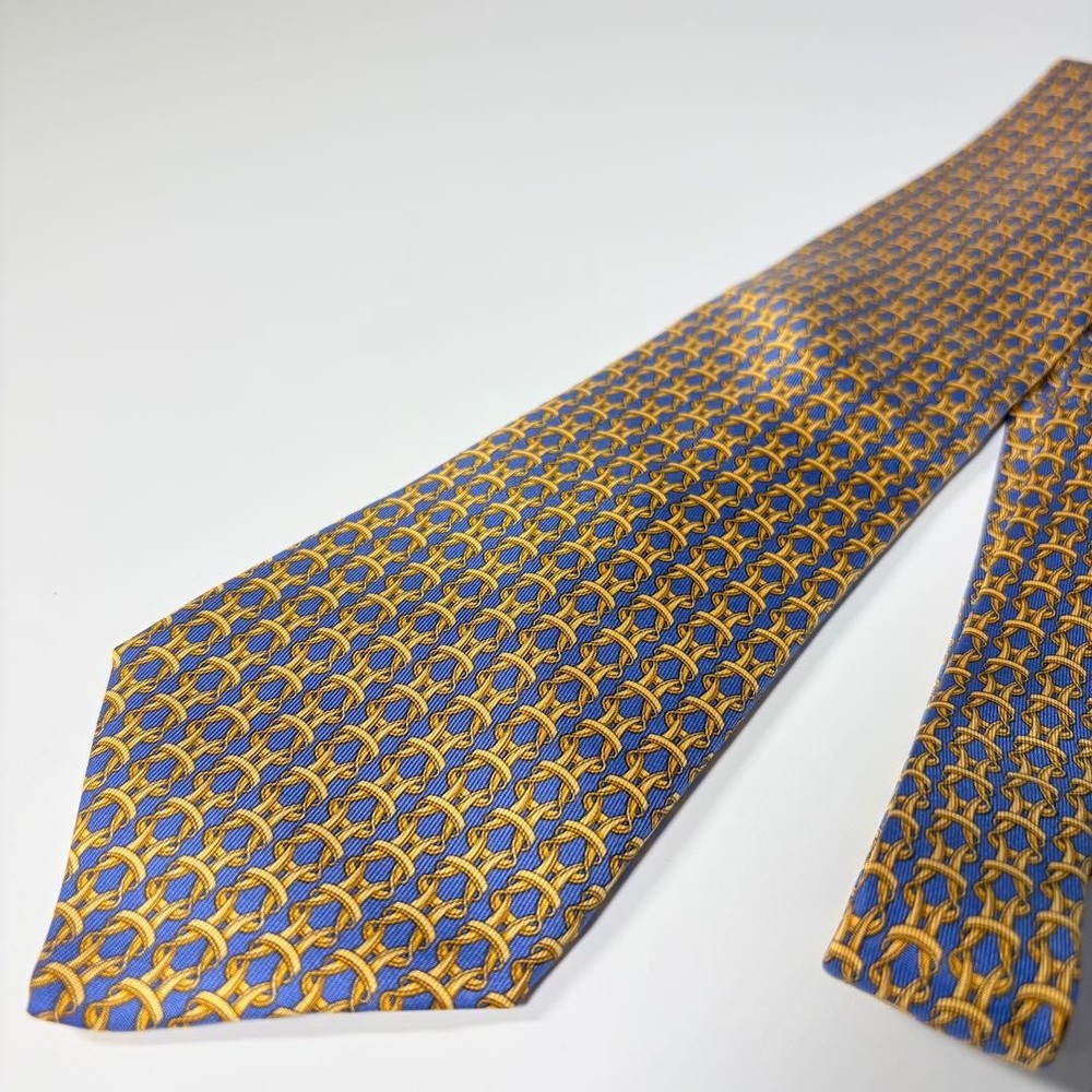 HERMES Necktie Tie Blue All over pattern Made in France Authentic Used 100% Silk
