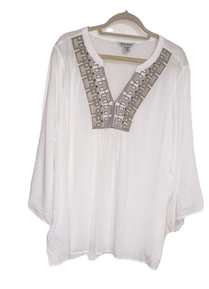 Tommy Bahama New Women’s XL White Embroidered Pullover Tunic Blouse 3/4 V-Neck