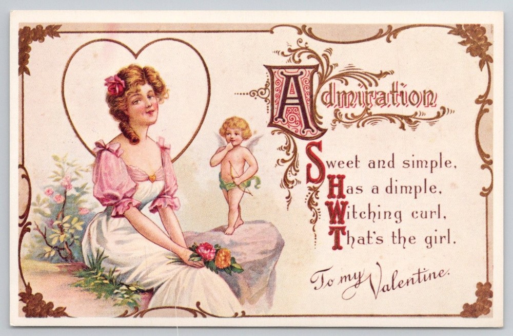 Vintage Valentine Postcard Woman Cupid Heart Poem Admiration Early 1900s Repro