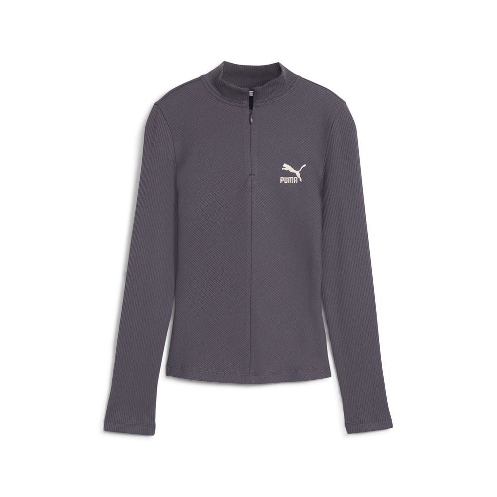 PUMA Classics Ribbed Mock Neck Long Sleeve Half Zip Pullover Top Womens Grey Cas
