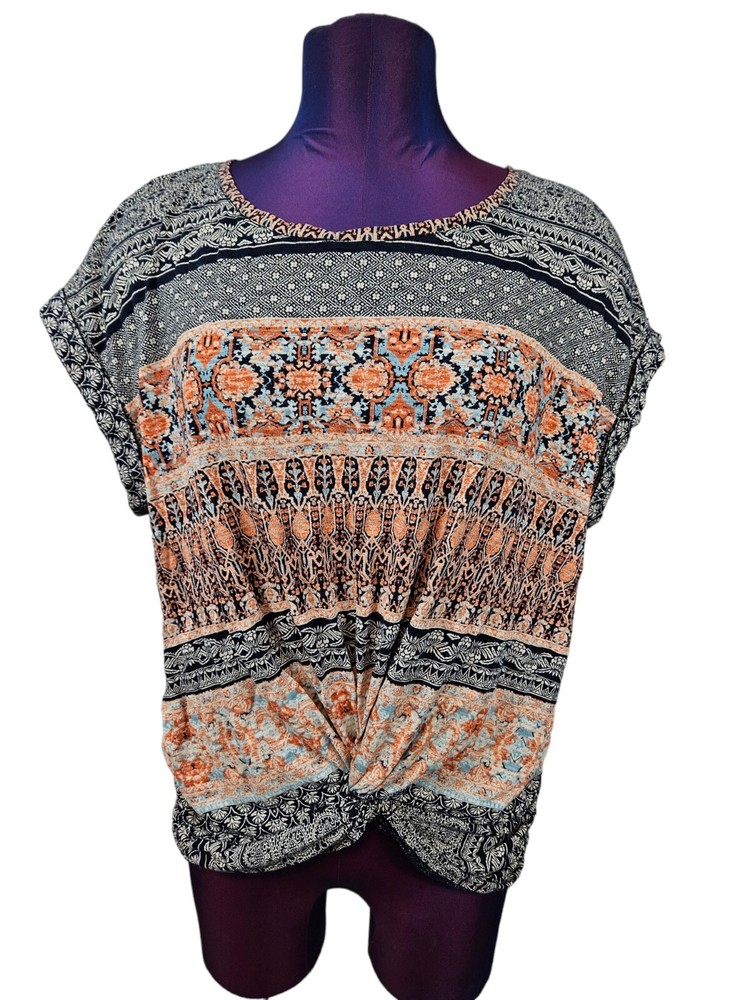 Lucky Brand Twisted Front Knot Tee-Shirt Bollywood Print Size Medium Women's