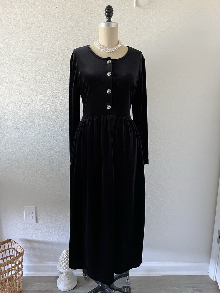 Vintage BLACK VELVET Maxi Dress Whimisgoth Witchy Grunge DARK ACADEMIA Size S