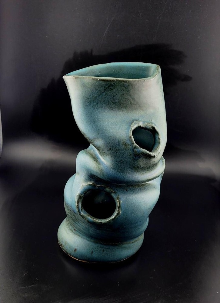 Abstract Art Pottery Signed Rare Blue Clay Sculpture Unique Piece-image