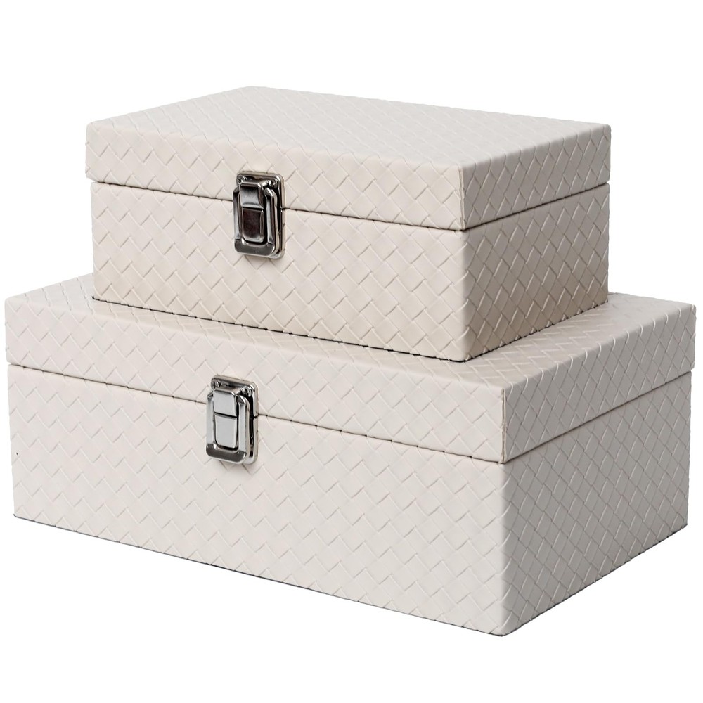 Faux Leather Jewelry Storage Organizer Box Set of 2 in Apricot White