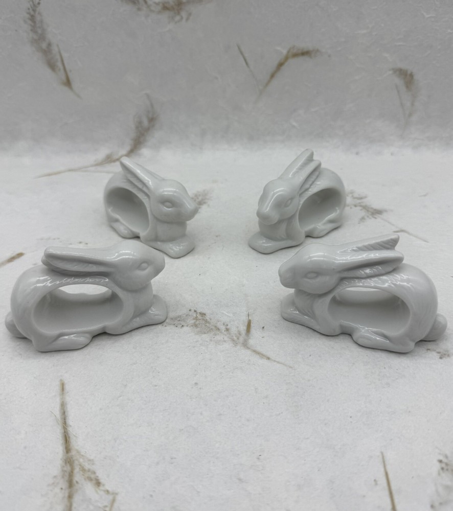 4 Vintage Japan White Bunny Rabbit Napkin Rings Ceramic Porcelain Easter
