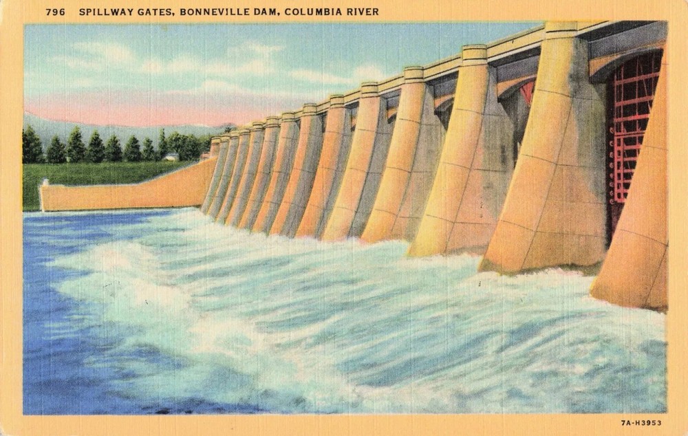 Spillway Gates, Bonneville Dam, Columbia River - Oregon OR - Postcard
