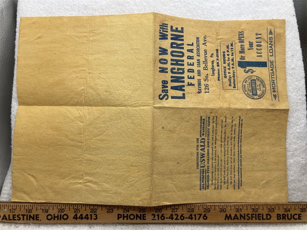 Vintage 1950s-1962 Langhorne Federal Bank Chamois Cloth Pennsylvania PA