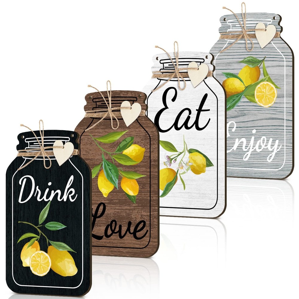 Weysat 4 Pcs Lemon Kitchen Wall Decor Mason Jar Shaped Wooden Rustic Home Dec...