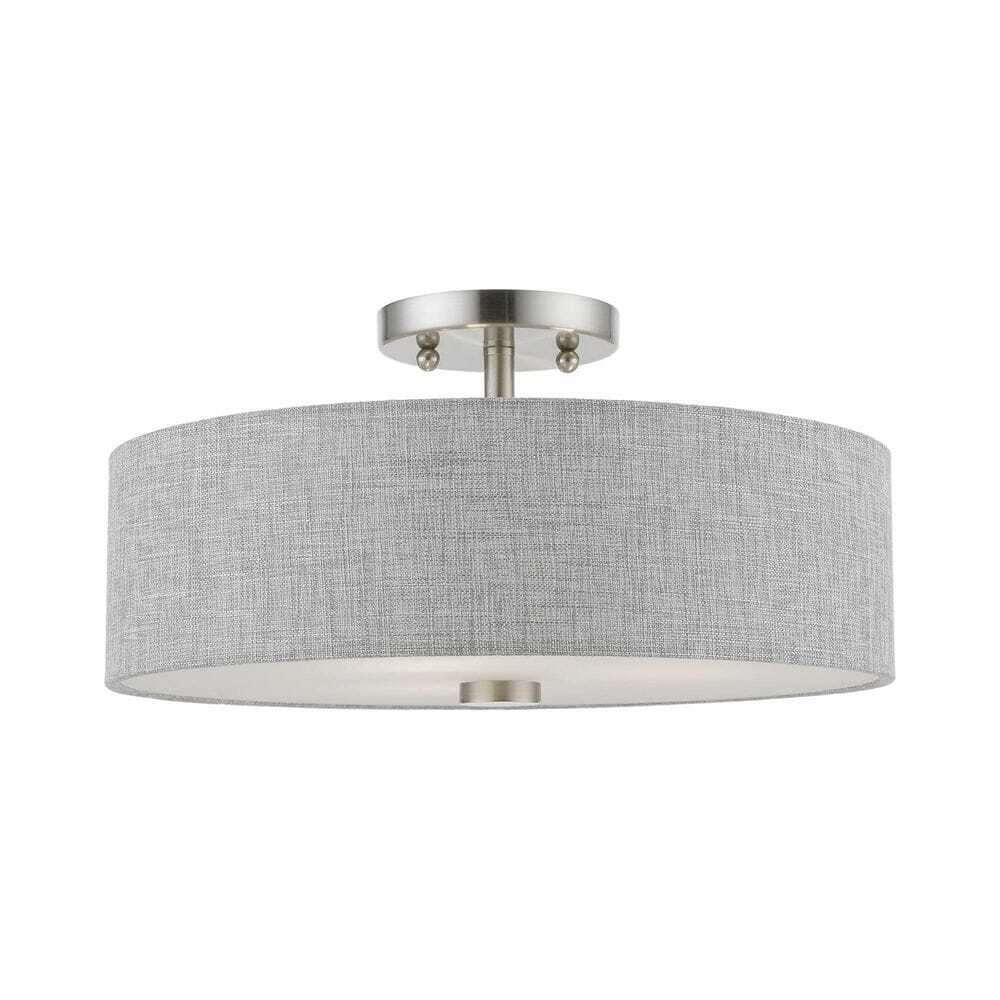 Dakota 15-inch 3-Light Brushed Nickel Semi-Flush Mount Urban Gray Fabric Shade Ceiling Light  