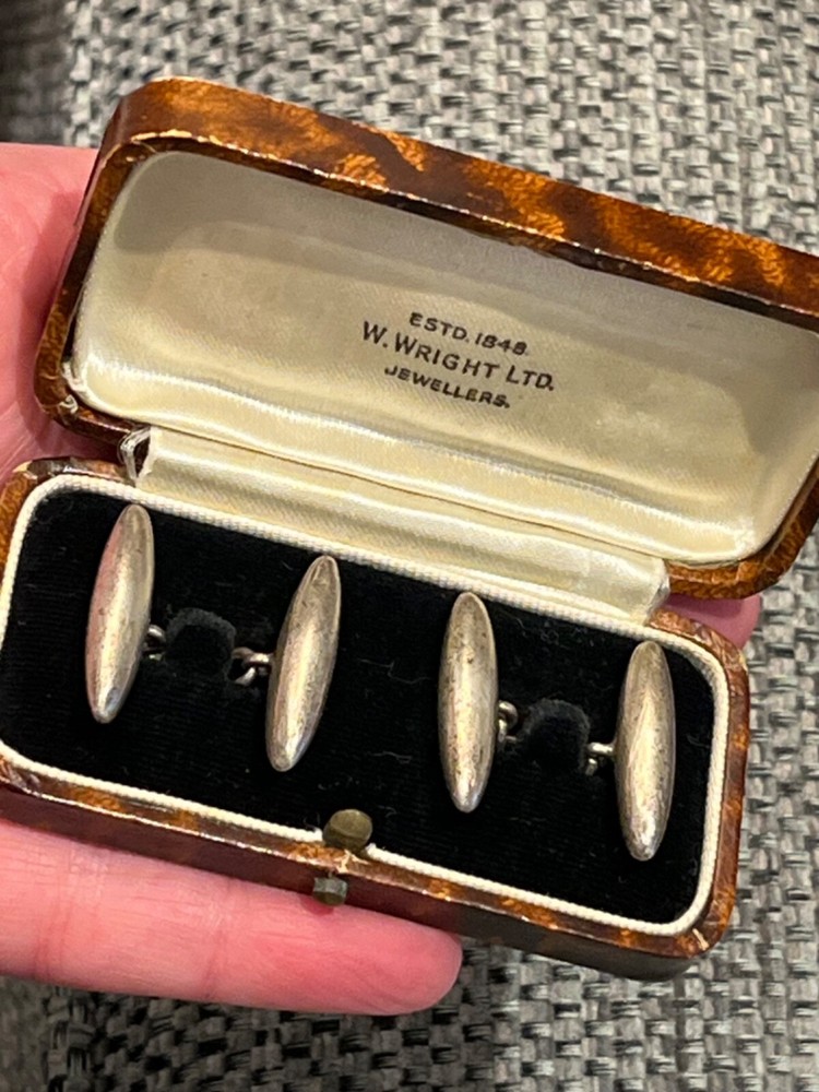 Victorian era heavy sterling silver torpedo cufflinks with original box