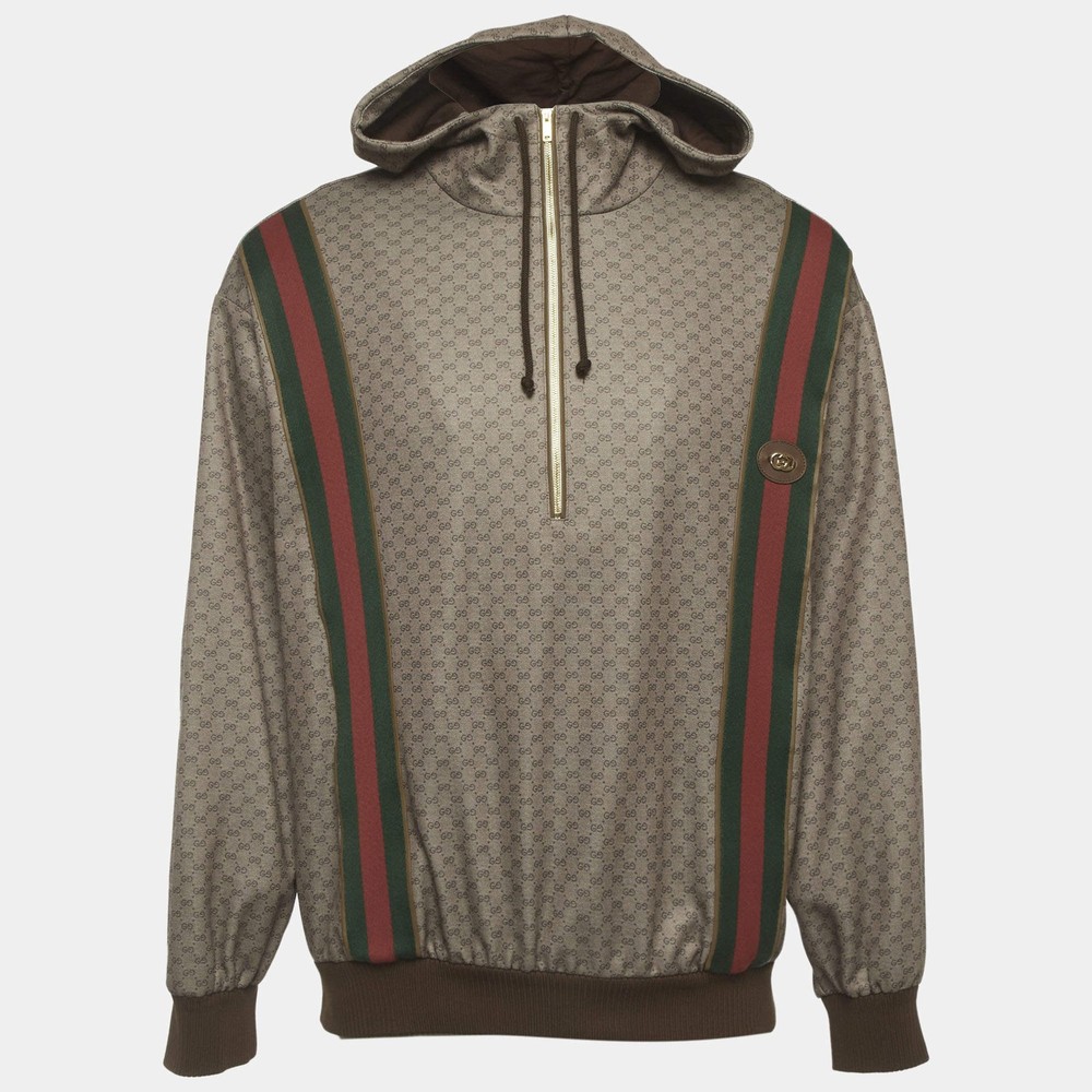 Gucci Brown Monogram Jersey Web Trim Hoodie M