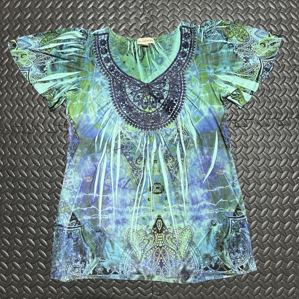 Live and Let Live Womens Tunic Top Size Small Blue Crochet Studded Paisley Jade